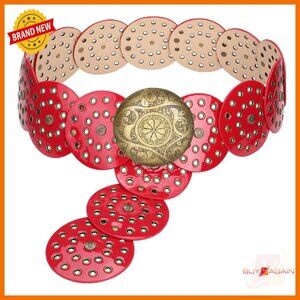 Western Hollow Disc Leather Belt Adjustable Wide Waist Belt for Jeans